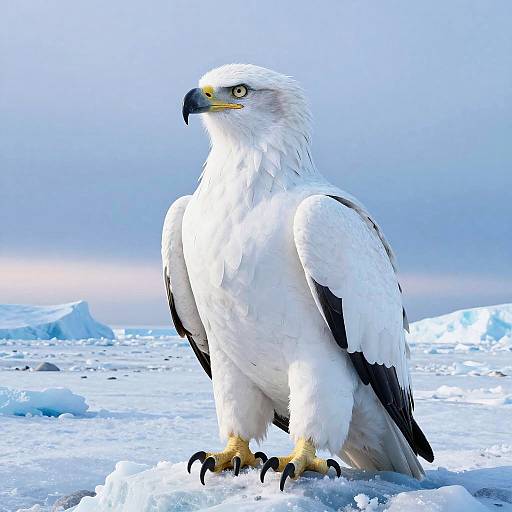 Photograph of a majestic white-headed eagle with black-tipped wings and sharp yellow talons standing on snowy, icy terrain under a blue-gray sky.