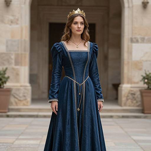 Photograph of a young woman with wavy brown hair, wearing a gold crown and a long, dark blue velvet gown with gold chain details, standing