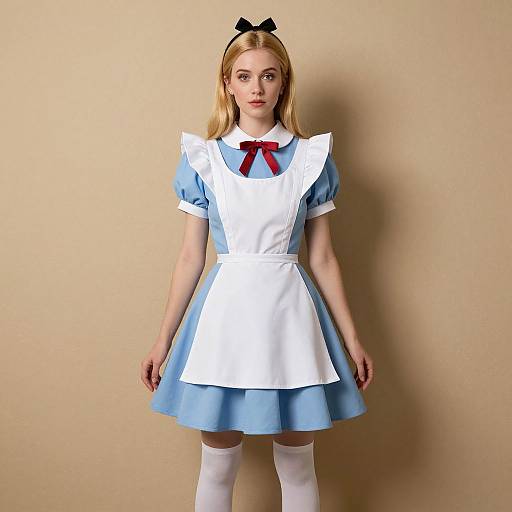 Photograph of a young blonde woman in a blue and white Alice in Wonderland-style maid dress with puffed sleeves, white apron, red bow tie