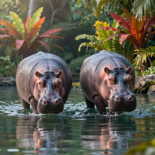 Photograph of two large, dark gray hippopotamuses wading in a lush, tropical waterway, surrounded by vibrant green and red foliage.