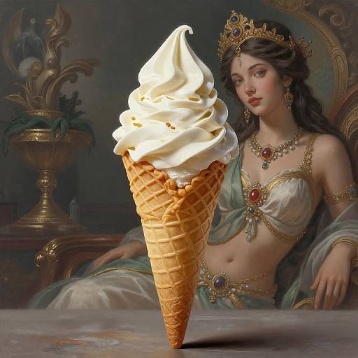 Digital painting of a regal, dark-haired woman with a golden crown, wearing a silver and green gemstone-embellished top, sitting beside