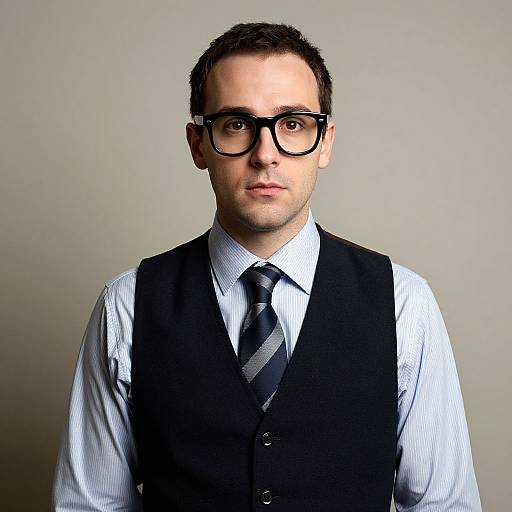 Photograph of a serious, light-skinned man with short brown hair, black-rimmed glasses, wearing a white shirt, black vest, and