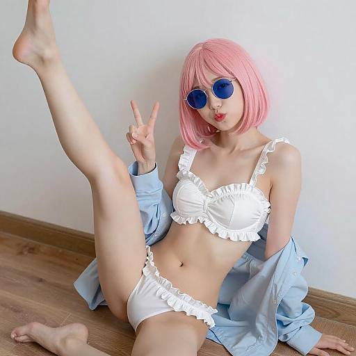 Playful Young Woman in Pink Bob Hair