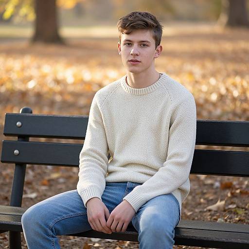 Photograph of a young, fair-skinned man with short brown hair, wearing a white sweater and blue jeans, sitting on a black wooden bench in