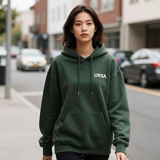 Woman in Green Hoodie on Street