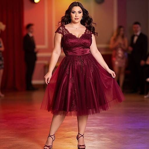 Photograph of a curvy woman with long black hair, wearing a deep burgundy lace dress and strappy heels, striding confidently on a brightly