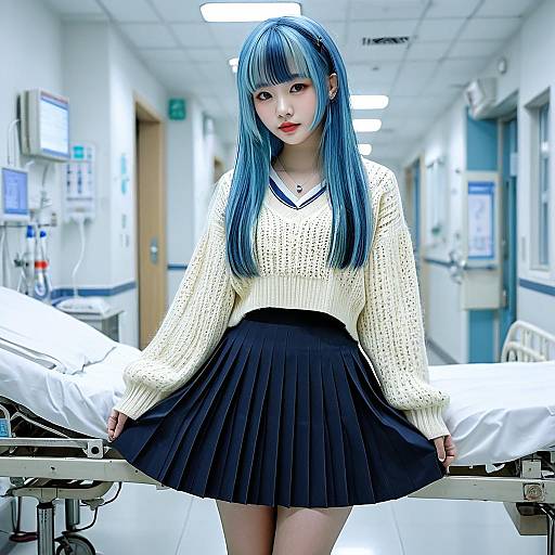 Casual Blue-Haired Girl in Hospital