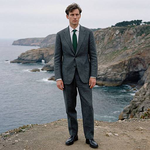 Man in Tailored Suit by Coastal Cliffs