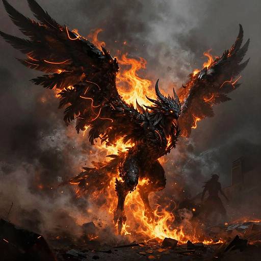 Fiery Black-Winged Creature in Flames