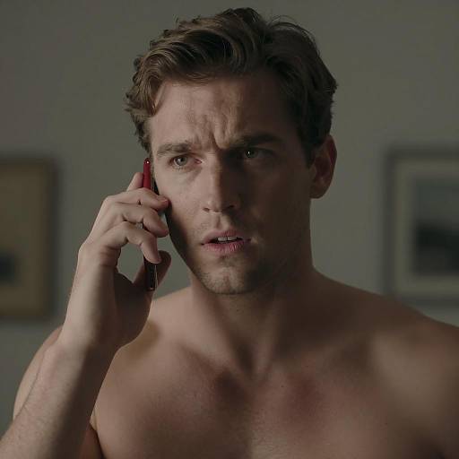 Concerned Man with Red Phone in Dark