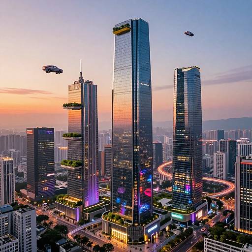 Photograph of a futuristic cityscape at sunset, featuring three towering glass skyscrapers with colorful lights, surrounded by smaller buildings, and two flying drones