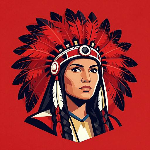 Digital illustration of a Native American woman with dark braids, wearing a red and black feathered headdress, against a vibrant red background. Bold,