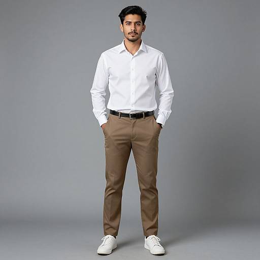 Photograph of a handsome, dark-haired man in a white shirt, brown pants, black belt, and white shoes, standing confidently against a gray background