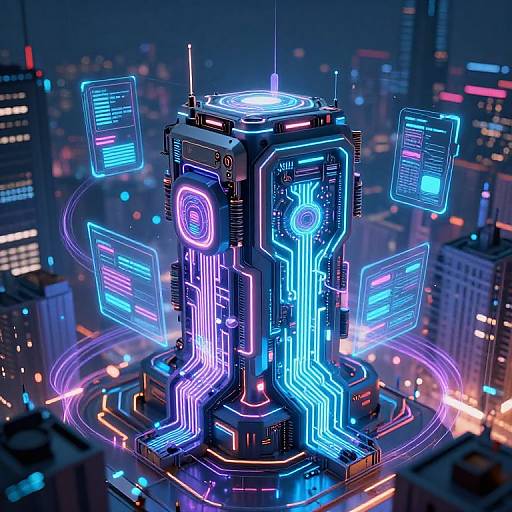 Neon-lit, futuristic cityscape with a glowing, cylindrical robotic structure at its center, surrounded by floating holographic screens, set against a nighttime