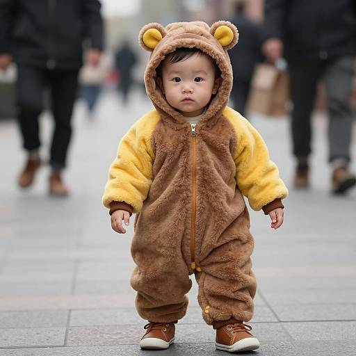 Baby in Brown Bear Onesie Standing Outdoors