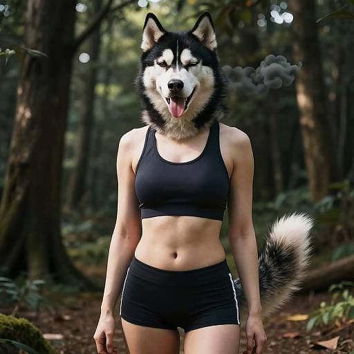 Digital artwork of a fit, human-wolf hybrid woman with black and white fur, wearing a black sports bra and shorts, standing in a forest,