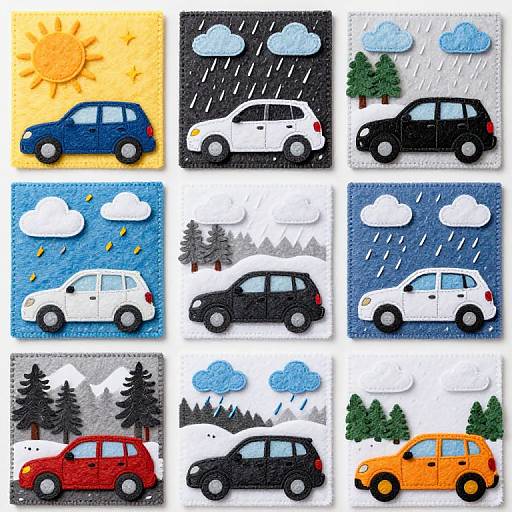 Illustration of nine colorful, square panels depicting various weather conditions with different-colored cars, including blue, white, black, red, and orange. Each