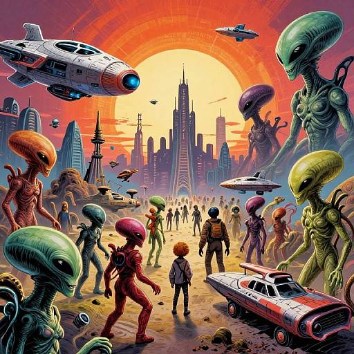 Digital artwork of a sci-fi invasion scene: humanoid aliens with large heads, muscular bodies, and varied skin tones, surround human survivors in a desert city