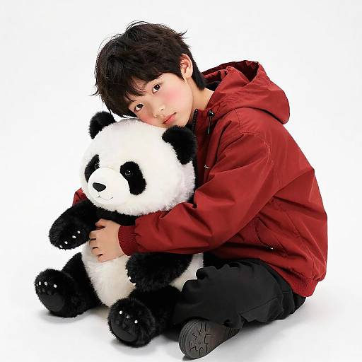 Shy Youth in Red Hoodie with Panda