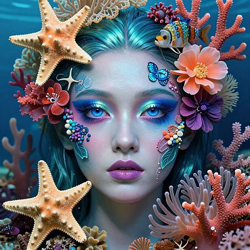 Digital artwork of a blue-eyed woman with glowing face, adorned with starfish, coral, flowers, and butterflies, underwater. Vibrant, fantastical