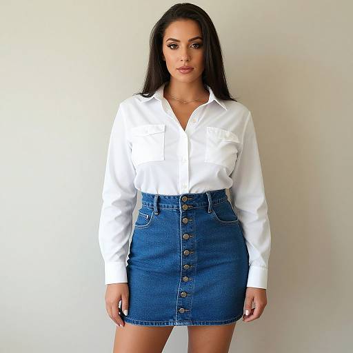 Photograph of a woman with long black hair, wearing a white button-up shirt and high-waisted blue denim skirt with buttons, standing against a