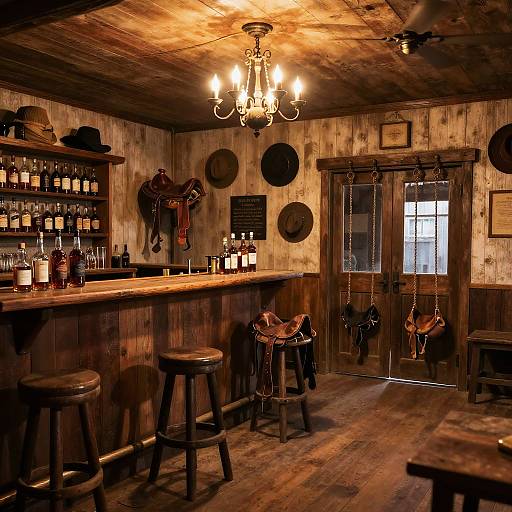 Cozy, rustic bar with wooden walls, barstools, chandelier, liquor bottles, hanging hats, and swing on the door. Warm,