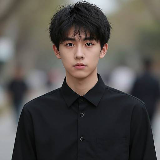 Photograph of an Asian teenage boy with black, slightly messy hair, wearing a black button-up shirt, standing in a blurred urban background.