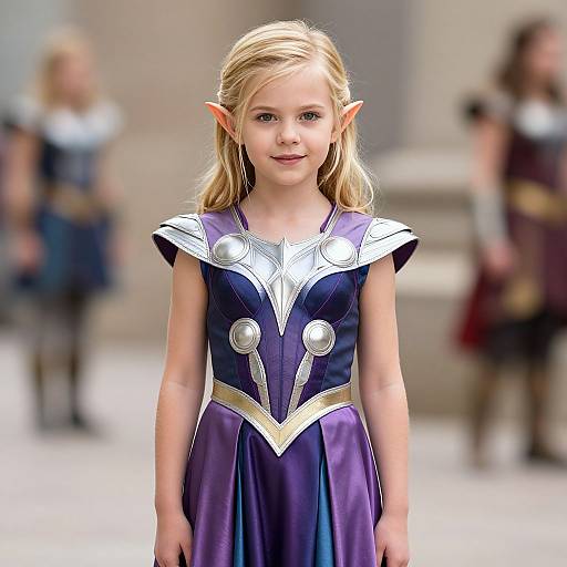 Photograph of a blonde, elf-eared young girl in a purple fantasy dress with silver accents, standing in a blurred medieval-style background.