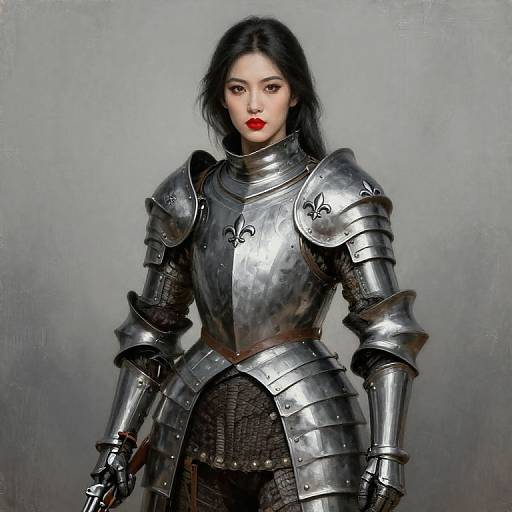 Digital painting of an Asian woman with pale skin, black hair, and red lipstick, wearing shiny medieval silver armor against a gray background.