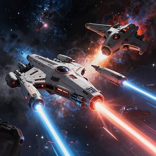 Digital artwork of two white Star Wars X-wing fighters with blue and red laser blasts, flying in a vibrant, starry space scene.