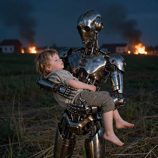 Photograph of a shiny, metallic robot holding a smiling, barefoot toddler with messy hair at dusk, with burning houses in the background.
