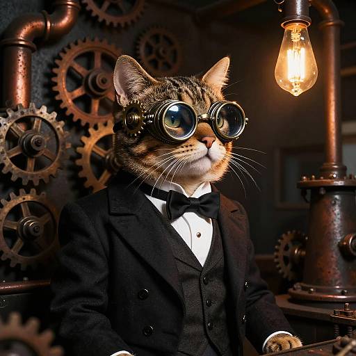 Photograph of a tabby cat in a black tuxedo and vintage goggles, with gears and a glowing lightbulb in the background. Ste