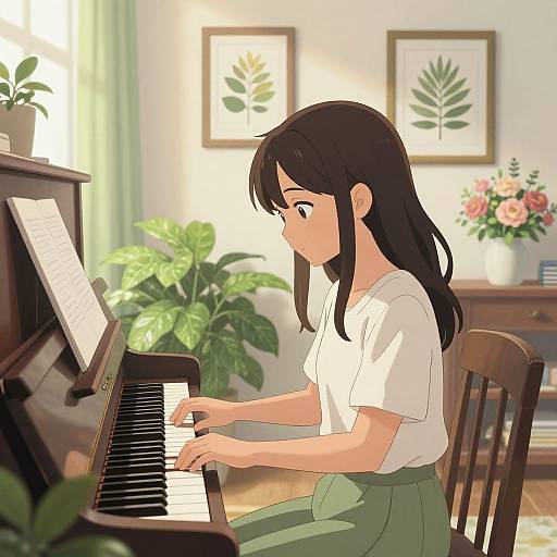 Anime-style digital illustration of a black-haired girl in a white shirt and green skirt playing a piano in a sunlit, plant-filled room.