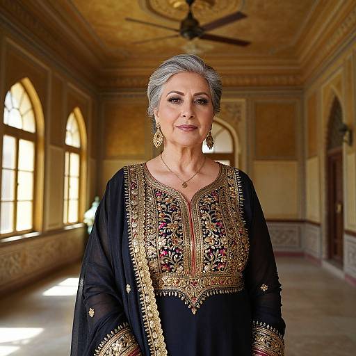 Photograph of an elderly Indian woman with gray hair, wearing an elaborate black traditional outfit adorned with gold embroidery, standing in a sunlit, ornately