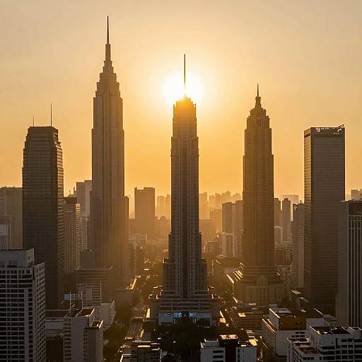 Photograph of a city skyline at sunset, featuring three prominent skyscrapers with the sun directly behind, casting a golden glow.