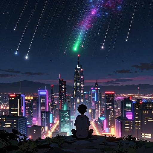 Digital anime-style artwork of a silhouette of a person sitting on a hill, gazing at a vibrant, neon-lit cityscape under a starry