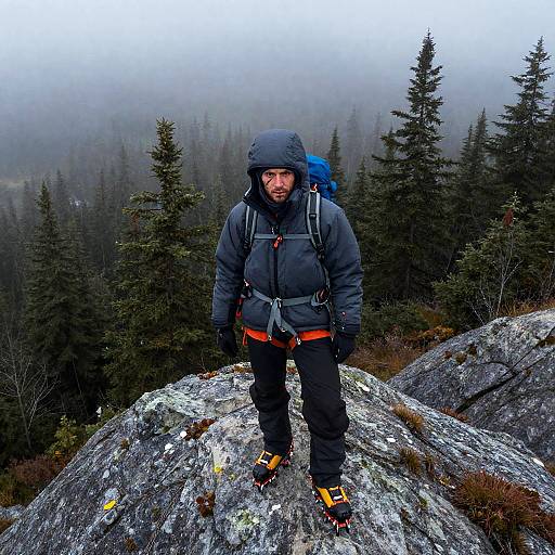 Mountain Guide in Foggy Alaskan Wilderness