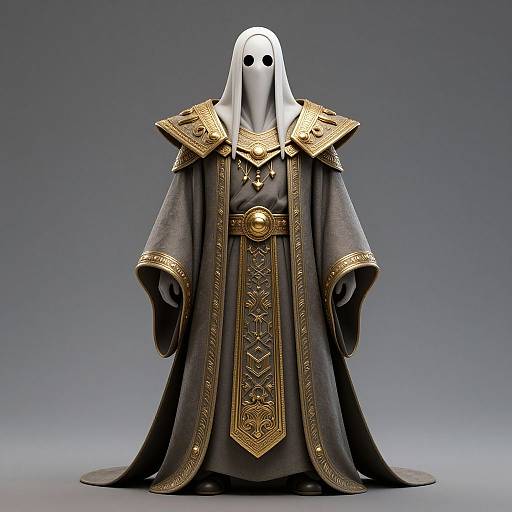 Photograph of a white, faceless ghost in elaborate, dark grey and gold medieval-style robes with intricate patterns and shoulder pads.