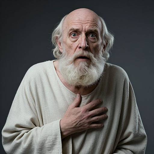 Photograph of an elderly white man with a bald head and white beard, wearing a cream-colored, textured shirt, with a surprised expression and hand on