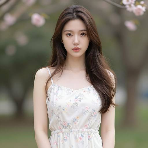 Photograph of a young Asian woman with long dark hair, wearing a white floral dress, standing in a blurred garden with pink cherry blossoms.