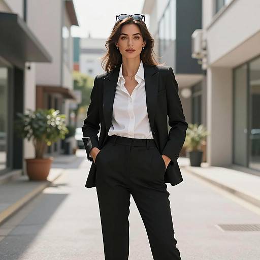 Confident Woman in Black Trouser Suit on Urban Street
