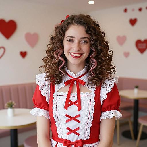 Photograph of a smiling young woman with curly brown hair in a red and white French maid outfit, standing in a café with heart-shaped decorations on the