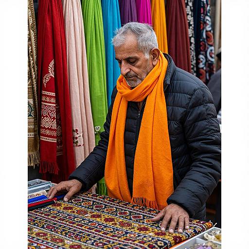 Elderly Man Among Colorful Indian Scarves