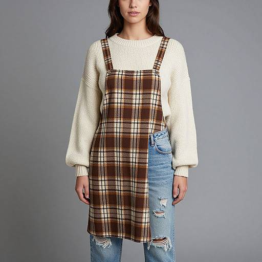 Photograph of a woman wearing a brown plaid pinafore over a white knit sweater, paired with distressed blue jeans, against a plain gray background