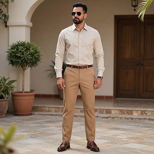 Photograph of a tall, bearded man with dark hair, wearing sunglasses, a white dress shirt, beige pants, and brown shoes, standing confidently