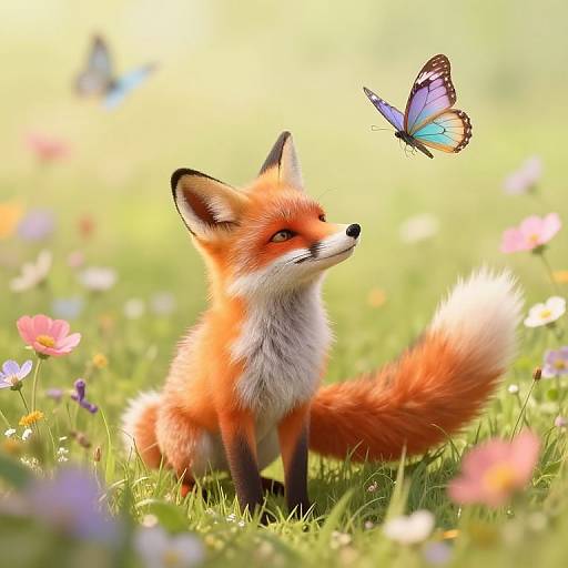 Digital illustration of a curious red fox with a fluffy tail, sitting in a sunlit meadow, watching a blue butterfly. Vibrant flowers dot the