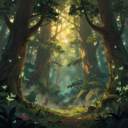 Enchanting forest scene with sunlight filtering through tall trees, glowing fireflies, lush green foliage, and a small, red-clothed figure in