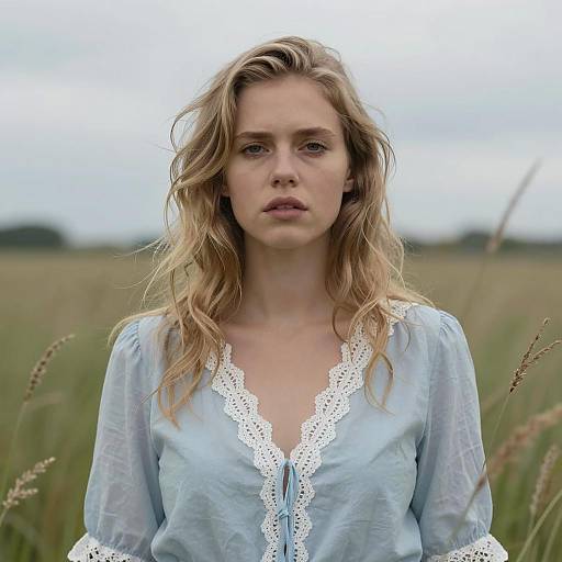 Serious Blonde Woman in Tall Grass