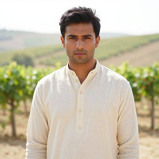 Photograph of a serious-looking Indian man with short black hair, wearing a white embroidered long-sleeve kurta, standing in a sunlit vine