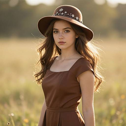 Photograph of a young woman with long brown hair, wearing a brown dress and wide-brimmed hat with white floral embroidery, standing in a sun